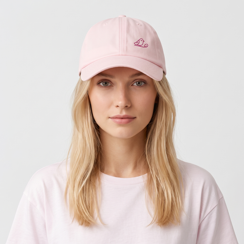 Femme blonde portant la casquette femme rose pastel brodée oiseau, fond clair