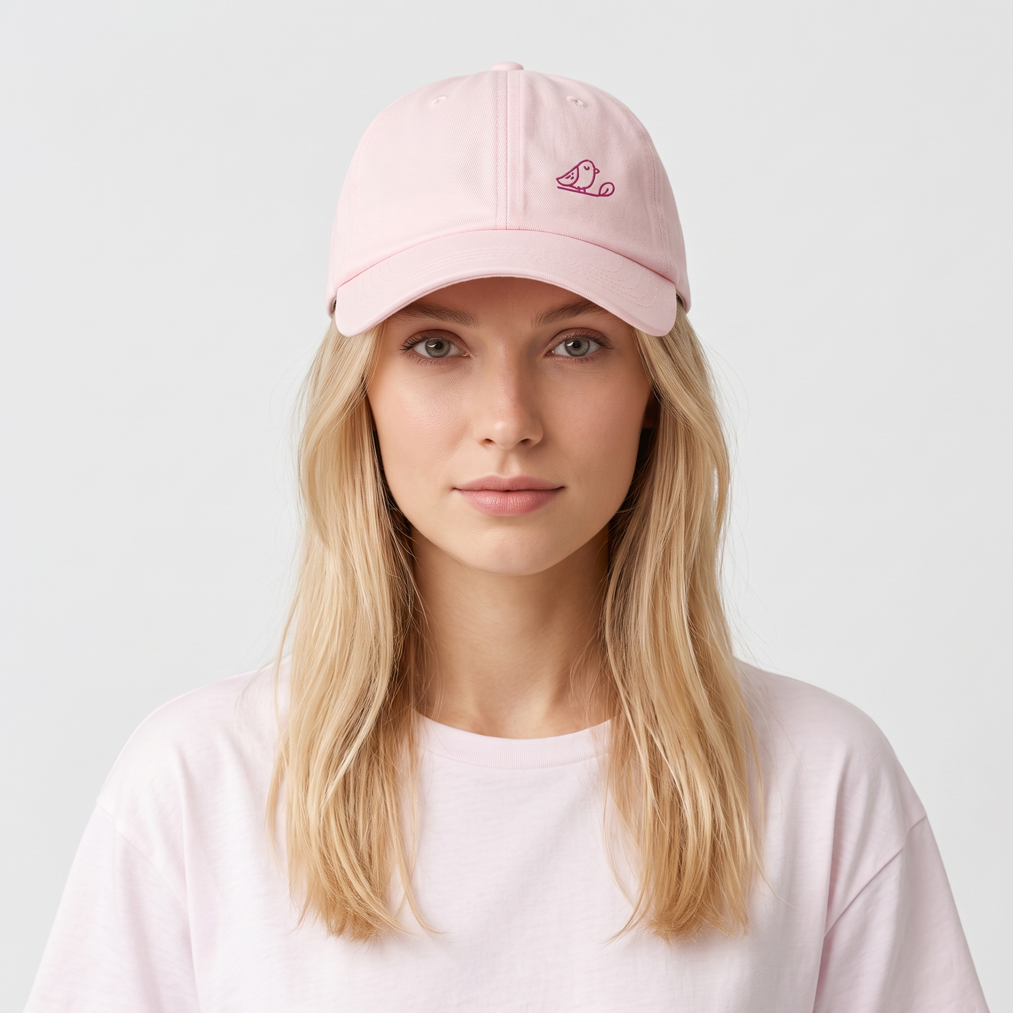 Femme blonde portant la casquette femme rose pastel brodée oiseau, fond clair