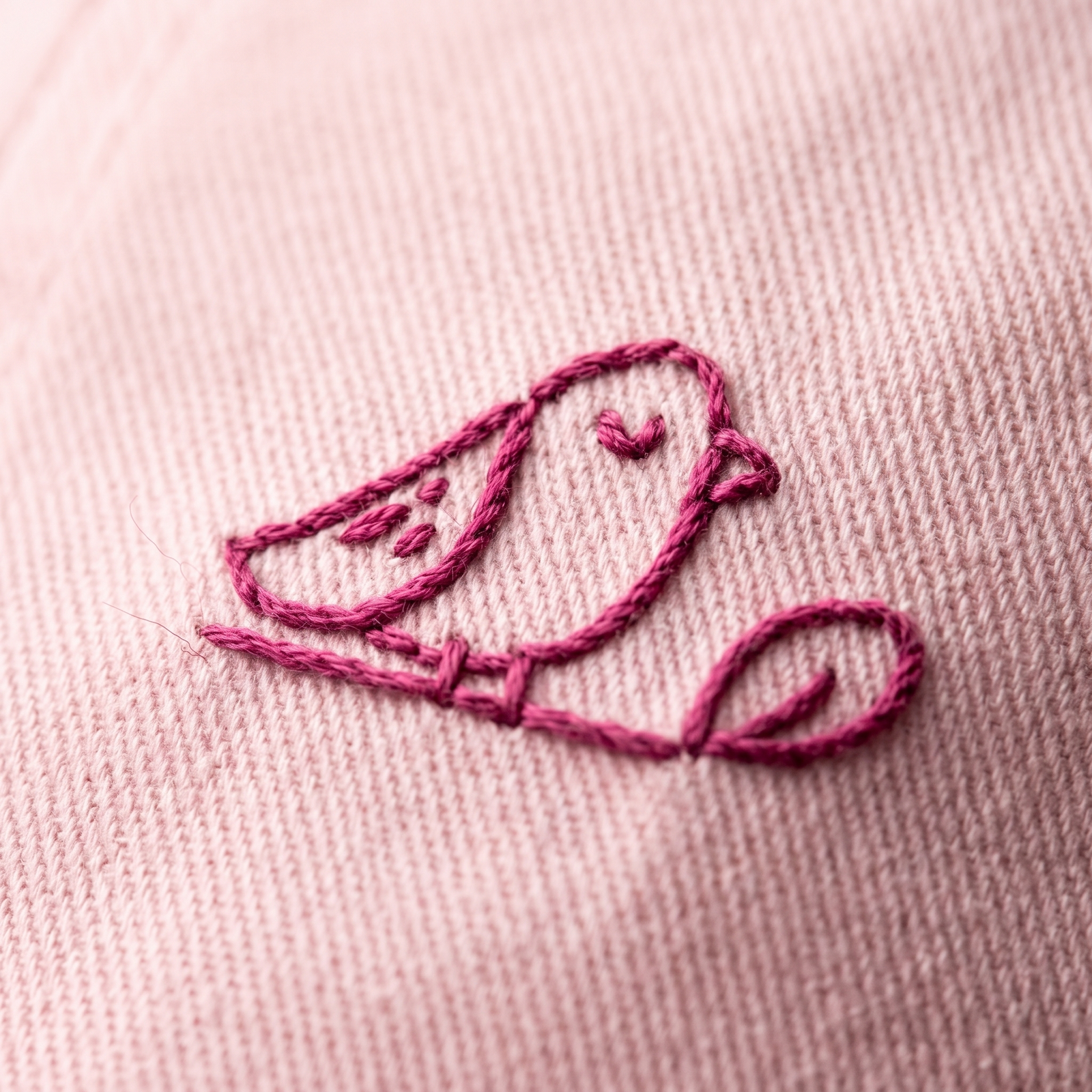 Macro de la broderie oiseau fil rose sur la casquette pastel