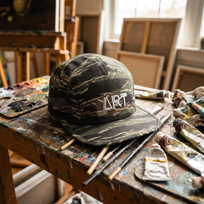 Casquette 5 panneaux camouflage tigre brodée ART en blanc posée sur l'établi éclaboussé de peinture d'un atelier d'artiste avec des pinceaux et des tubes - CHT'M Boutique
