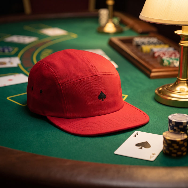 Casquette 5 panneaux rouge brodée d'un as de pique noir posée sur une table de casino à côté d'un as de pique et d'une pile de jetons - CHT'M Boutique