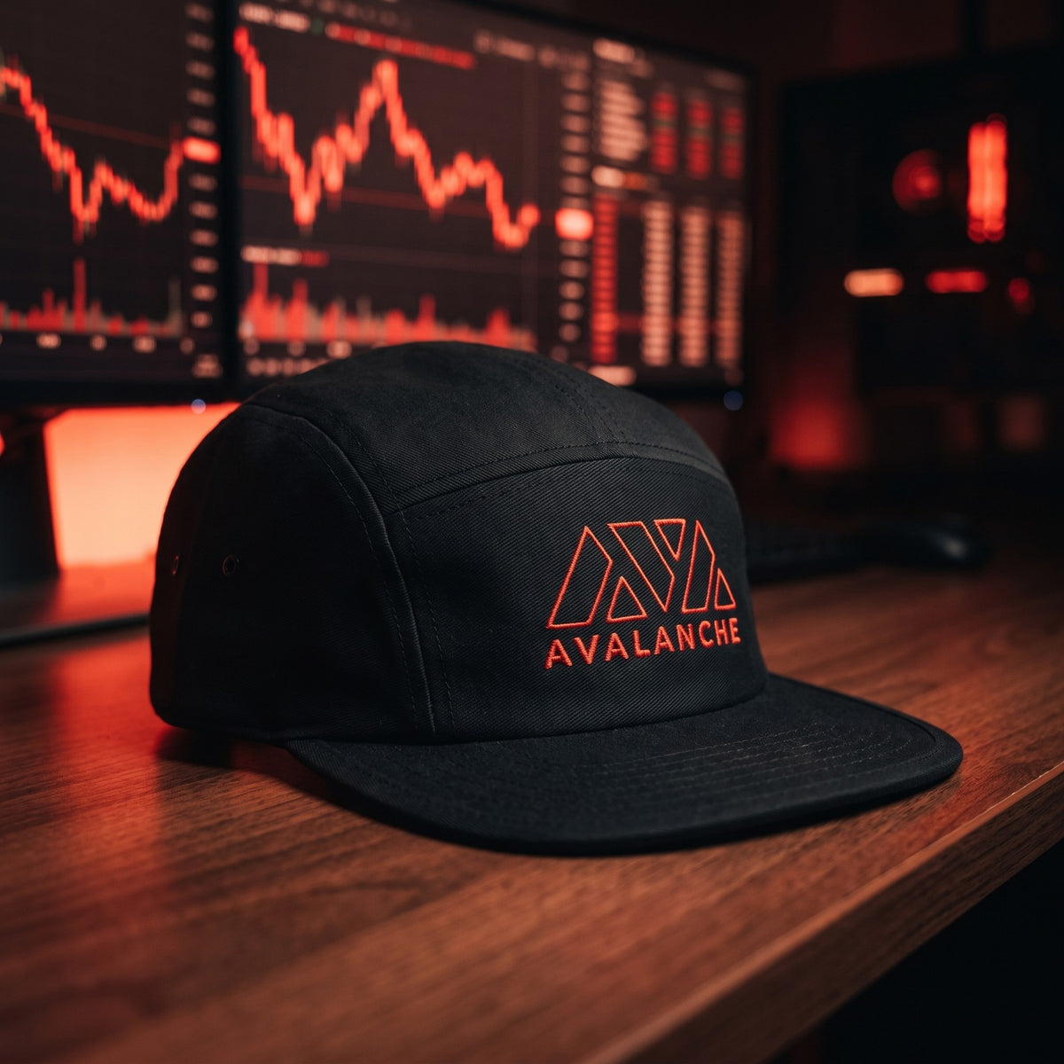 Casquette 5 panneaux noire brodée AVAX Avalanche en rouge posée sur un bureau de trader devant des écrans de graphiques rouges - CHT'M Boutique