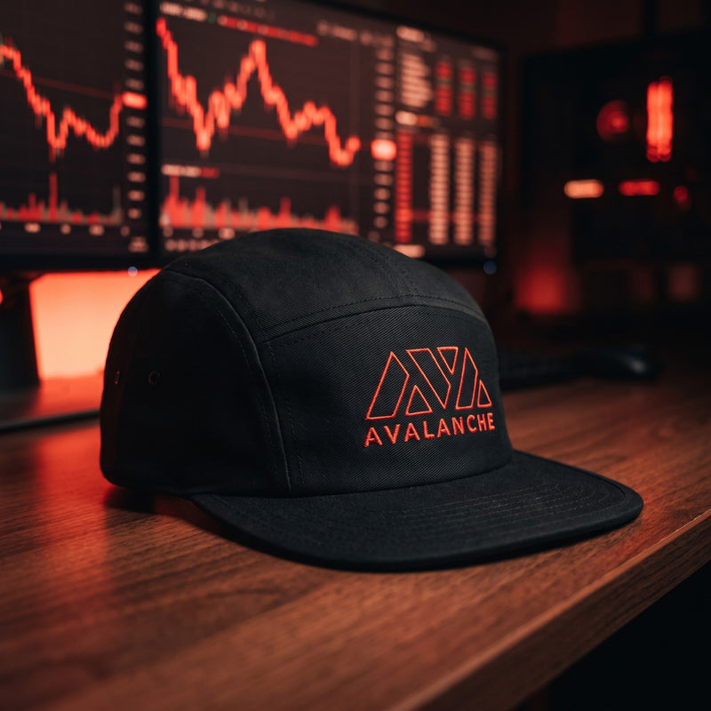 Casquette 5 panneaux noire brodée AVAX Avalanche en rouge posée sur un bureau de trader devant des écrans de graphiques rouges - CHT'M Boutique