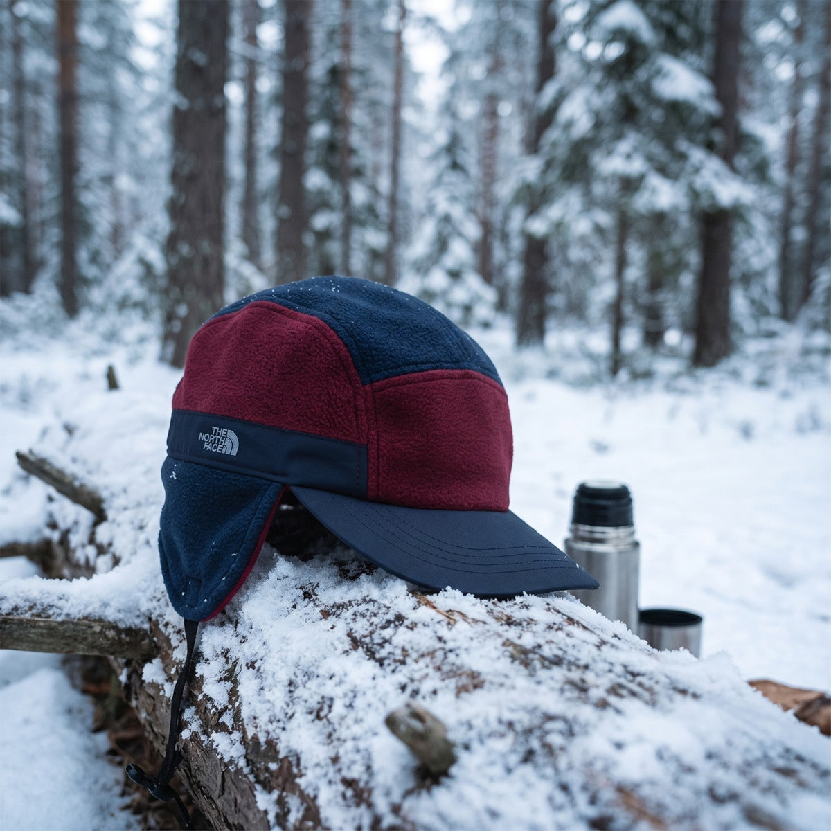 Casquette 5 panneaux en polaire avec cache-oreilles bleu marine et bordeaux posée sur une bûche enneigée dans une forêt de sapins en hiver - CHT'M Boutique