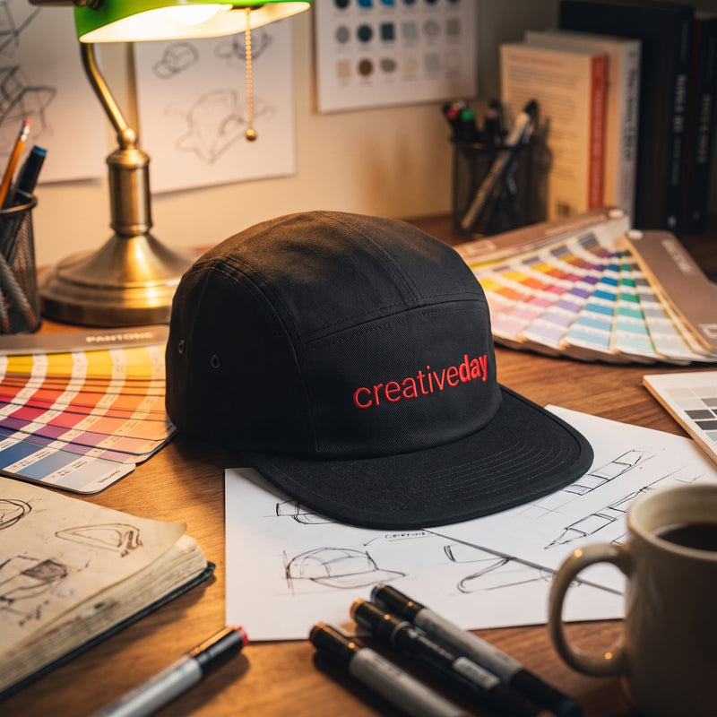 Casquette 5 panneaux noire brodée creativeday en rouge posée sur le bureau d'un graphiste avec des nuanciers, des croquis et des feutres - CHT'M Boutique