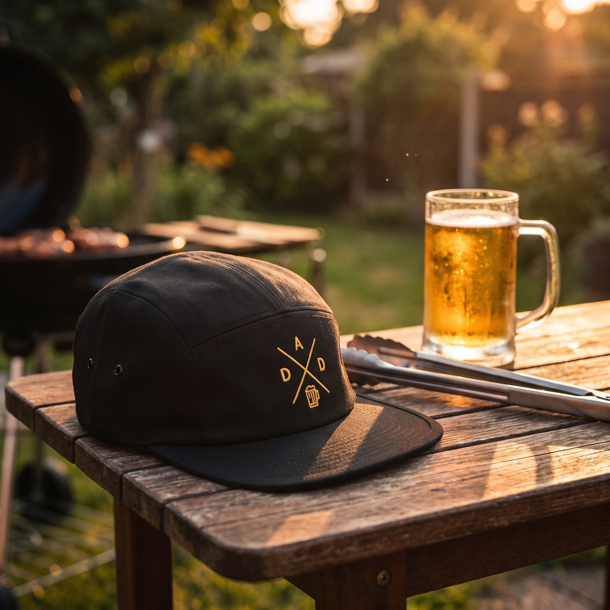 Casquette 5 panneaux noire brodée DAD avec une chope de bière dorée posée sur une table de barbecue au jardin avec une bière fraîche et des pinces - CHT'M Boutique