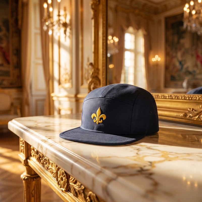 Casquette 5 panneaux bleu marine brodée d'une fleur de lys dorée posée sur une console en marbre dans une salle de palais avec un miroir doré - CHT'M Boutique