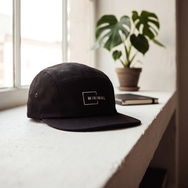 Casquette 5 panneaux noire brodée MINIMAL dans un cadre blanc posée sur une étagère en béton blanc dans un studio d'architecte minimaliste avec une plante - CHT'M Boutique