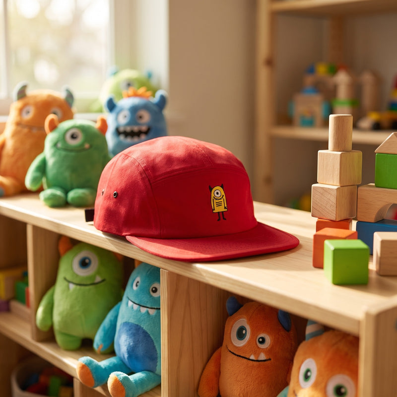 Casquette 5 panneaux rouge brodée d'un petit monstre jaune à un œil posée sur une étagère de magasin de jouets parmi des peluches monstres colorées - CHT'M Boutique