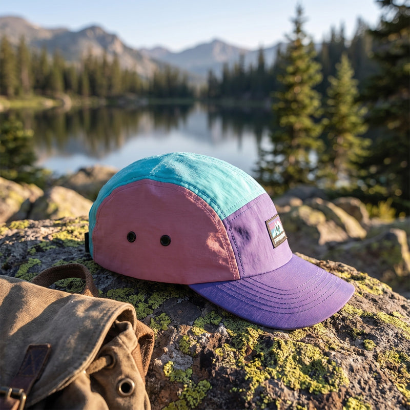 Casquette 5 panneaux en nylon multicolore violet, rose et turquoise posée sur un rocher au bord d'un lac de montagne près d'un sac à dos - CHT'M Boutique