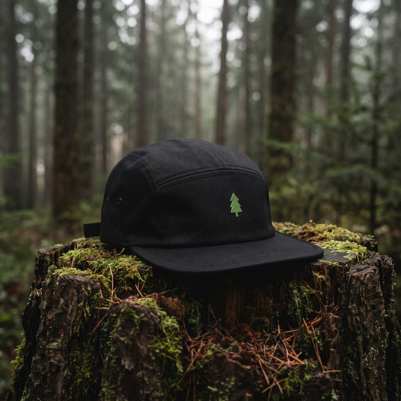 Casquette 5 panneaux noire brodée d'un petit sapin vert posée sur une souche couverte de mousse dans une forêt de pins brumeuse - CHT'M Boutique