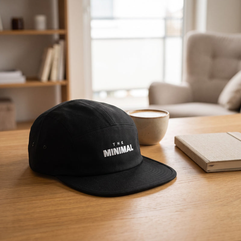 Casquette 5 panneaux noire brodée THE MINIMAL posée sur un bureau en chêne dans un appartement scandinave avec un café et un carnet - CHT'M Boutique