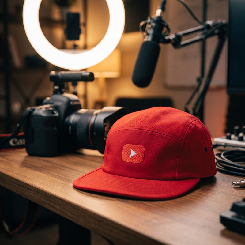 Casquette 5 panneaux rouge brodée d'un bouton lecture YouTube posée sur le bureau d'un vidéaste avec une caméra, un ring light et un micro - CHT'M Boutique