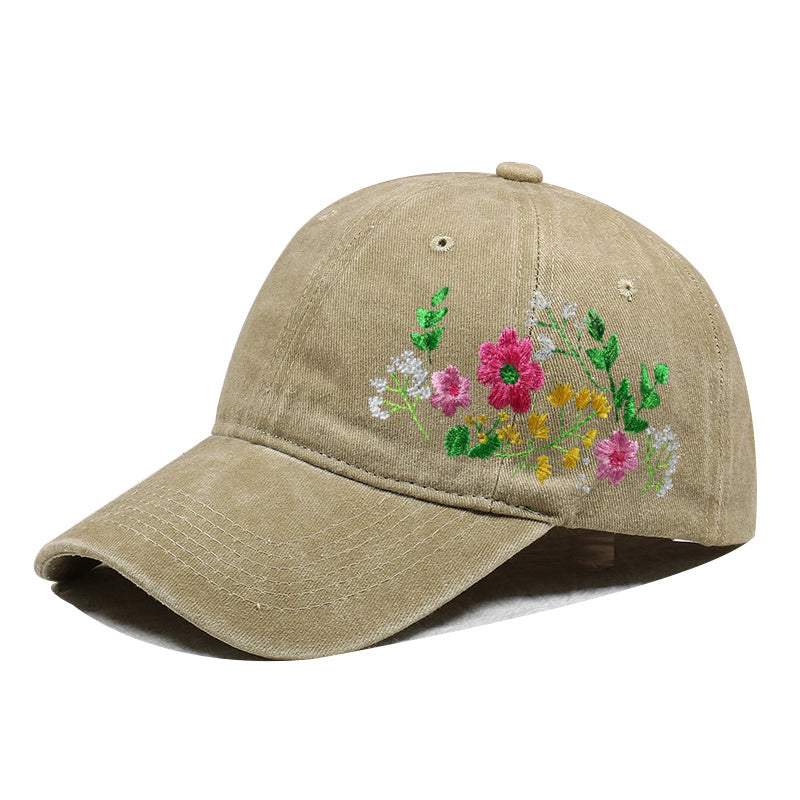 Casquette de baseball beige sable brodée de fleurs sauvages, coton délavé – profil