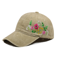 Casquette de baseball beige sable brodée de fleurs sauvages, coton délavé – profil