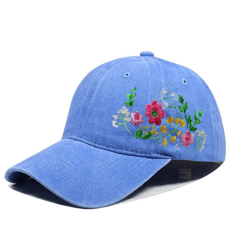 Casquette de baseball bleu ciel brodée de fleurs des champs, délavé vintage – profil