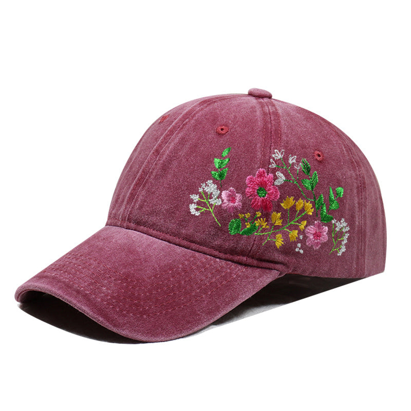 Casquette de baseball bordeaux délavé brodée de fleurs sauvages – vue profil