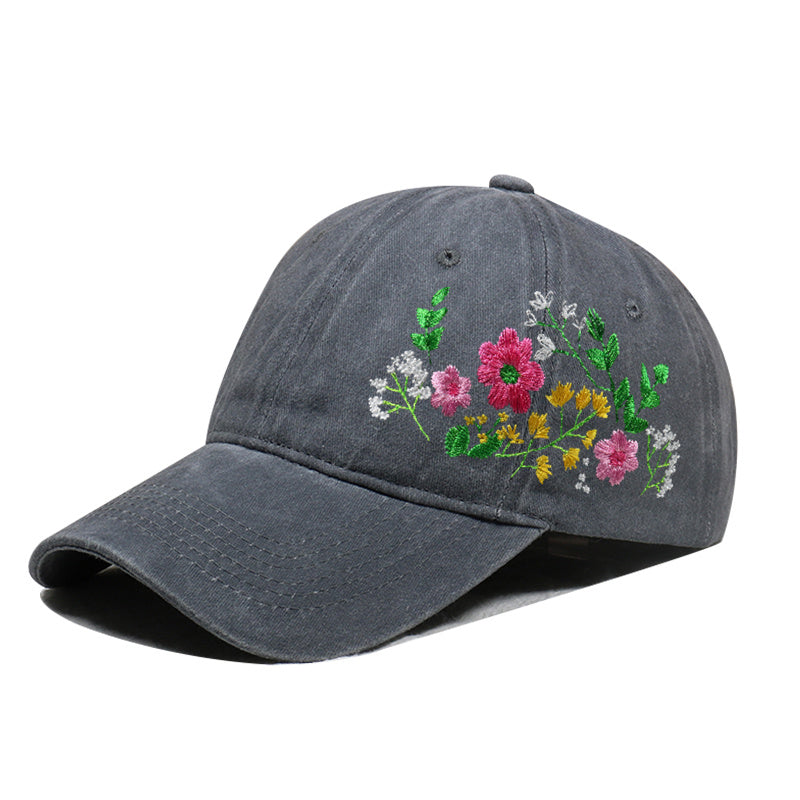 Casquette de baseball grise anthracite brodée de fleurs sauvages, coton délavé vintage – profil