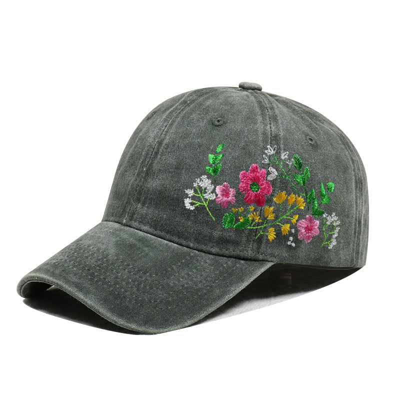 Casquette de baseball vert armée brodée de fleurs des champs, effet délavé – profil