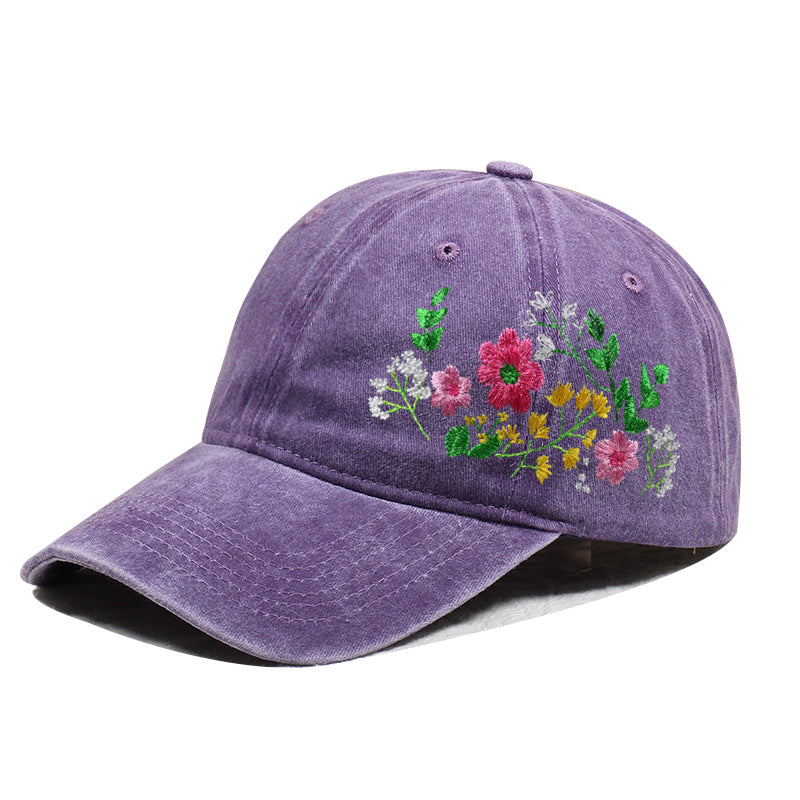 Casquette de baseball violette brodée de fleurs sauvages, effet délavé – profil