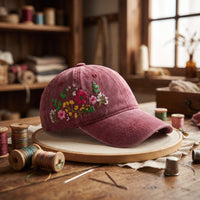 Casquette vintage délavée bordeaux avec bouquet de fleurs brodé posée sur un tambour à broder parmi les bobines de fil dans l'atelier d'une brodeuse - CHT'M Boutique