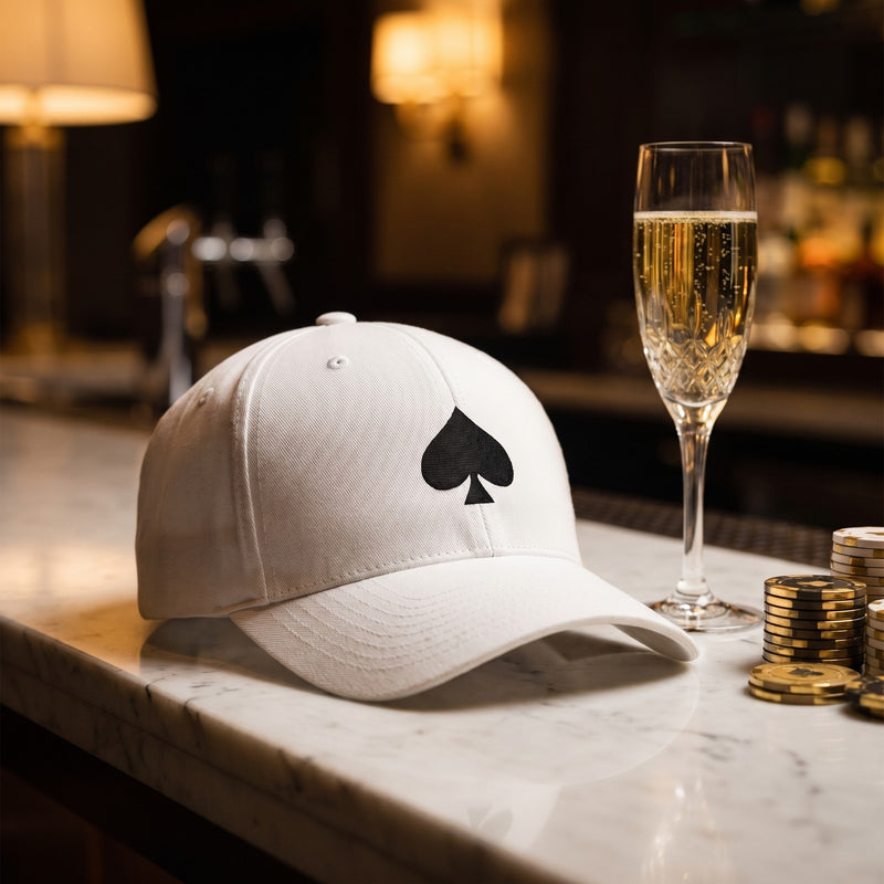 Casquette Flexfit fermée à l'arrière blanche brodée d'un grand as de pique noir posée sur un bar en marbre blanc de casino à côté d'une flûte de champagne et de jetons dorés - CHT'M Boutique
