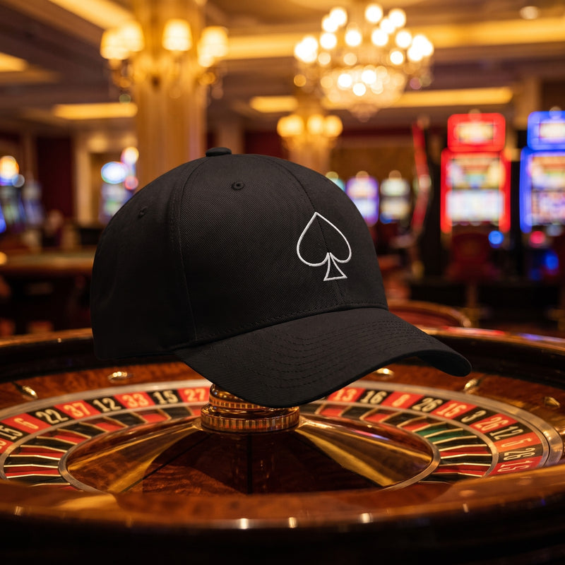Casquette Flexfit fermée à l'arrière noire brodée d'un as de pique blanc au trait, casino posée sur le bord d'une roulette de casino rouge et noire sous des lumières chaudes - CHT'M Boutique