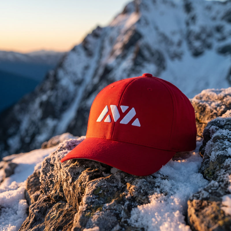 Casquette Flexfit fermée à l'arrière rouge brodée du logo AVAX Avalanche en blanc posée sur un rocher enneigé de montagne à l'aube devant un sommet escarpé - CHT'M Boutique