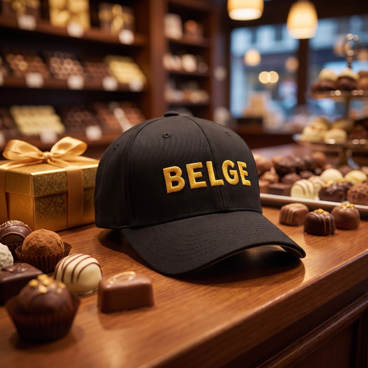 Casquette Flexfit noire brodée BELGE dorée posée sur le comptoir d'un chocolatier belge à côté de pralines et d'une boîte dorée - CHT'M Boutique