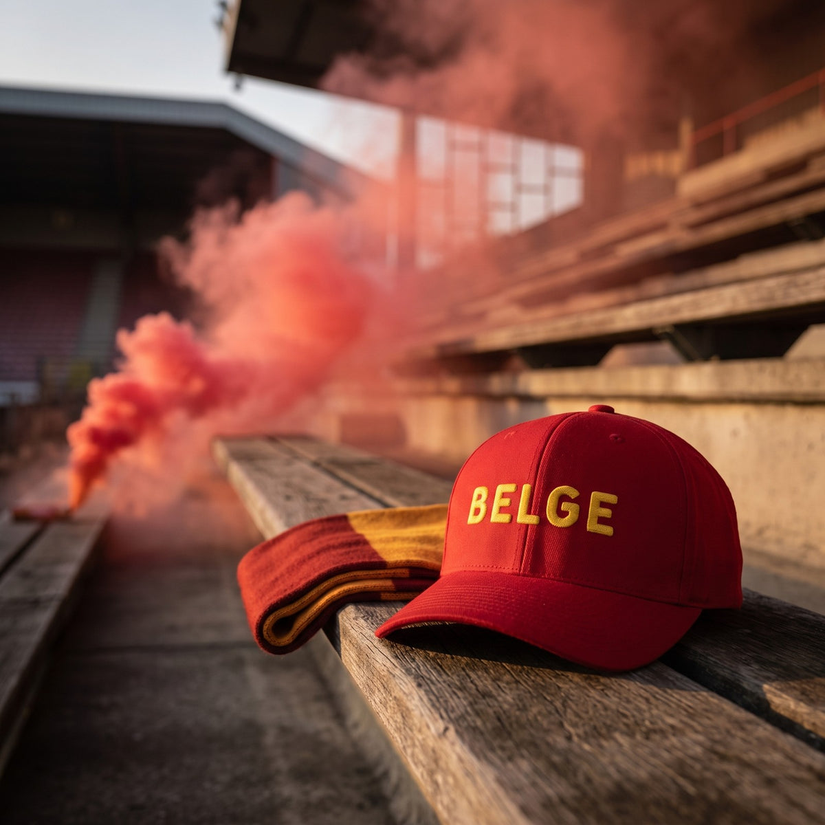 Casquette Flexfit fermée à l'arrière rouge brodée BELGE en doré posée sur un banc de tribune de stade à côté d'une écharpe avec de la fumée rouge en arrière-plan - CHT'M Boutique