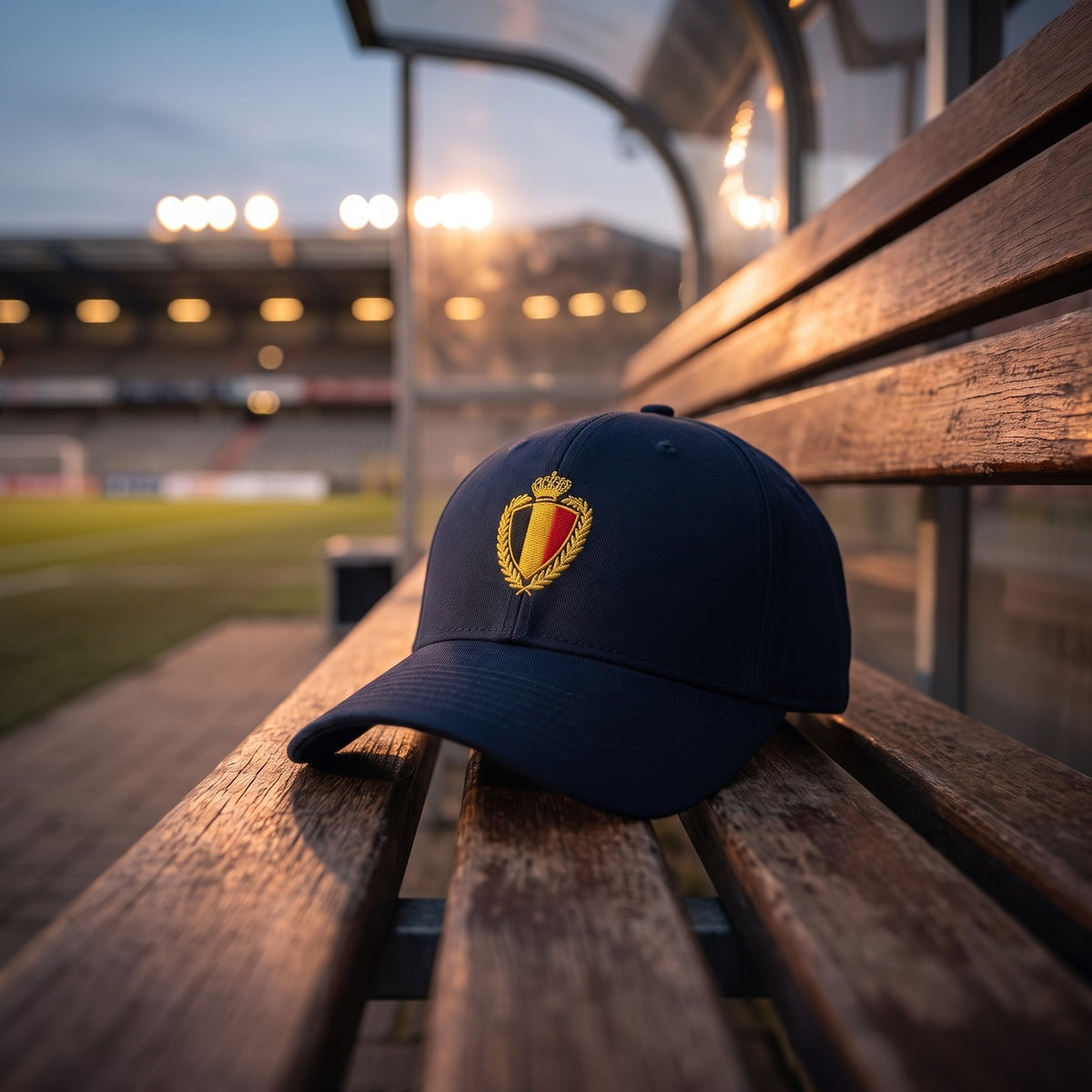 Casquette Flexfit marine avec blason belge brodé fil doré posée sur un banc de touche d'un stade de foot vide au crépuscule - CHT'M Boutique
