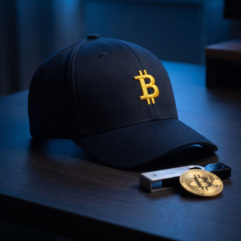 Casquette Flexfit fermée à l'arrière bleu marine brodée du symbole Bitcoin doré en 3D puff posée sur un bureau minimaliste à côté d'un portefeuille crypto et d'une pièce dorée - CHT'M Boutique