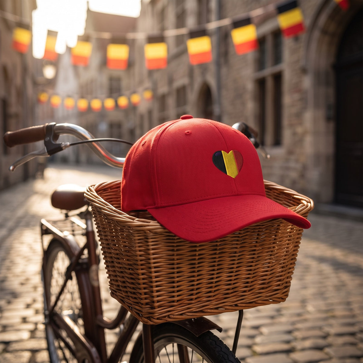 Casquette Flexfit fermée à l'arrière rouge brodée d'un coeur aux couleurs belges posée dans le panier d'un vélo vintage sur une rue pavée avec des fanions belges - CHT'M Boutique