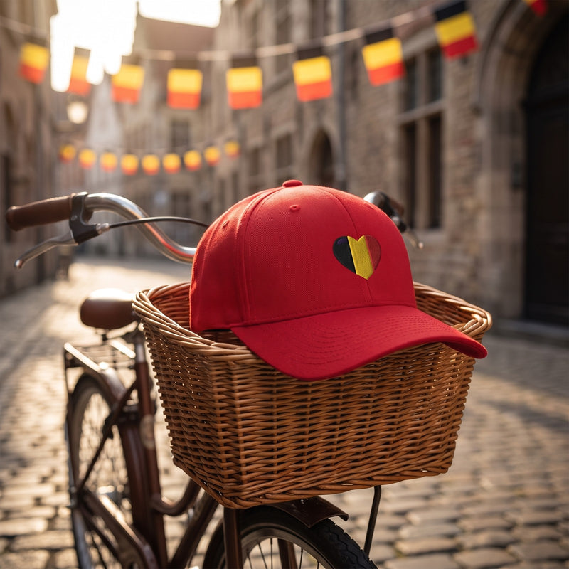 Casquette Flexfit fermée à l'arrière rouge brodée d'un coeur aux couleurs belges posée dans le panier d'un vélo vintage sur une rue pavée avec des fanions belges - CHT'M Boutique