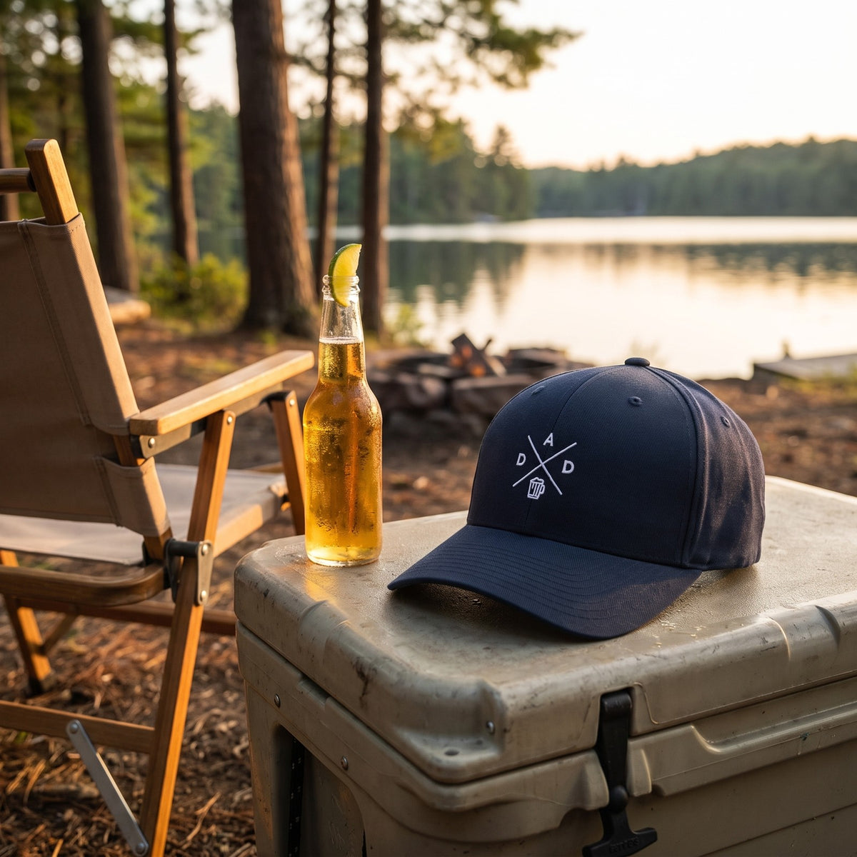 Casquette Flexfit fermée à l'arrière bleu marine brodée du monogramme DAD blanc avec une chope de bière posée sur une glacière au bord d'un lac de camping à côté d'une chaise pliante et d'une bière au coucher du soleil - CHT'M Boutique