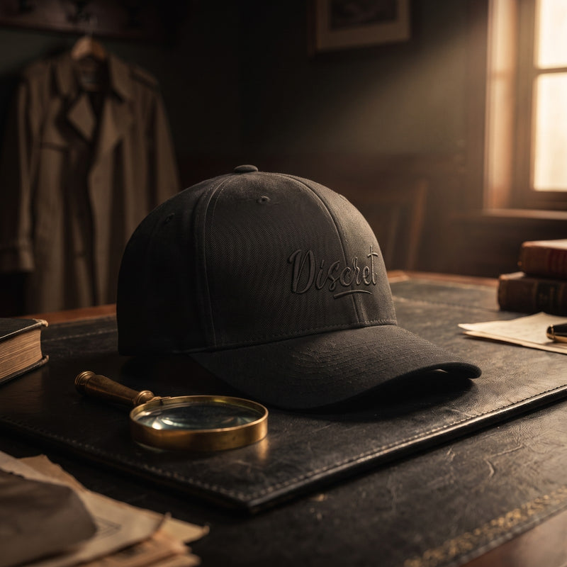 Casquette Flexfit fermée à l'arrière noire brodée Discret en noir sur noir posée sur un bureau en cuir noir d'un bureau de détective tamisé à côté d'une loupe sous un faisceau de lumière - CHT'M Boutique