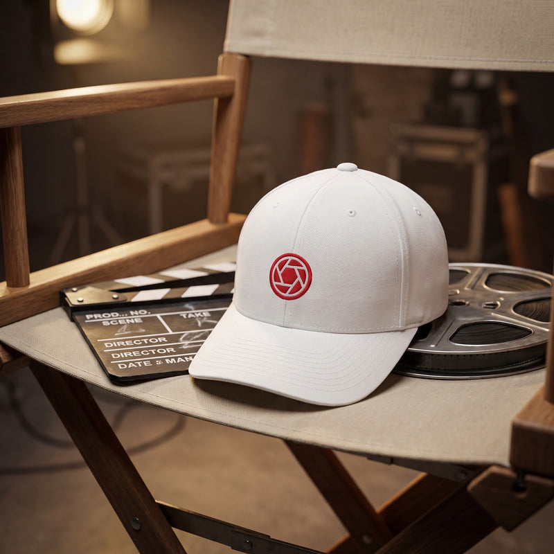 Casquette Flexfit fermée à l'arrière blanche brodée d'un diaphragme d'objectif rouge posée sur un fauteuil de réalisateur à côté d'un clap et d'une bobine de film dans un studio de cinéma - CHT'M Boutique