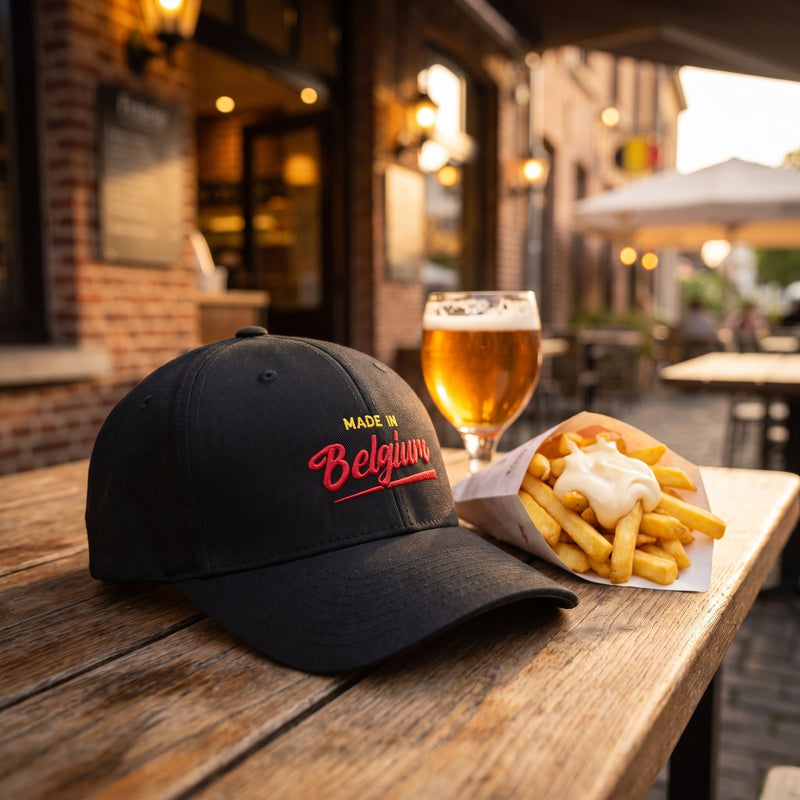 Casquette Flexfit fermée à l'arrière noire brodée Made in Belgium en rouge et jaune posée sur une table en bois d'une friterie belge à côté d'un cornet de frites dorées et d'une bière belge - CHT'M Boutique