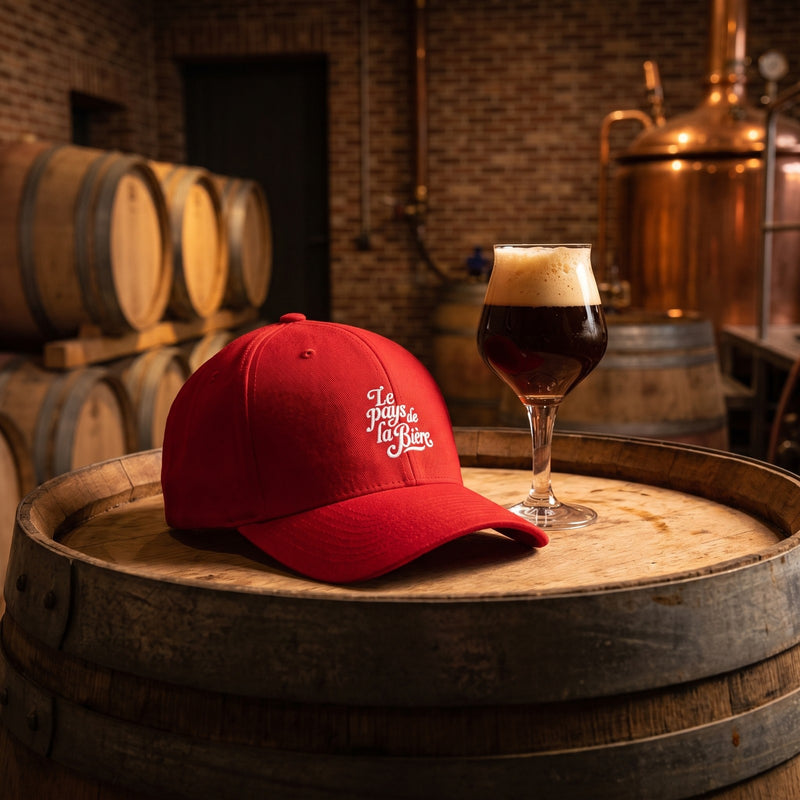 Casquette Flexfit fermée à l'arrière rouge brodée Le pays de la Bière en blanc posée sur un tonneau dans la cave d'une brasserie belge à côté d'un verre à bière tulipe avec de la mousse - CHT'M Boutique