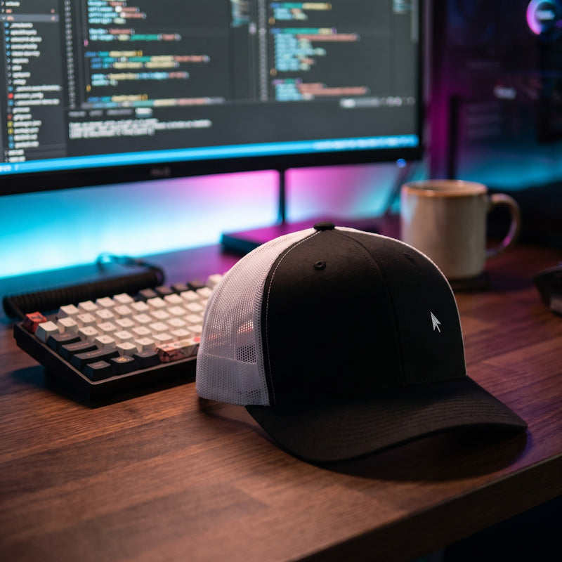 Casquette de geek trucker noire et blanche posée sur un bureau de gamer avec clavier mécanique et écran