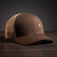 Casquette de geek trucker marron avec filet kaki et curseur de souris brodé
