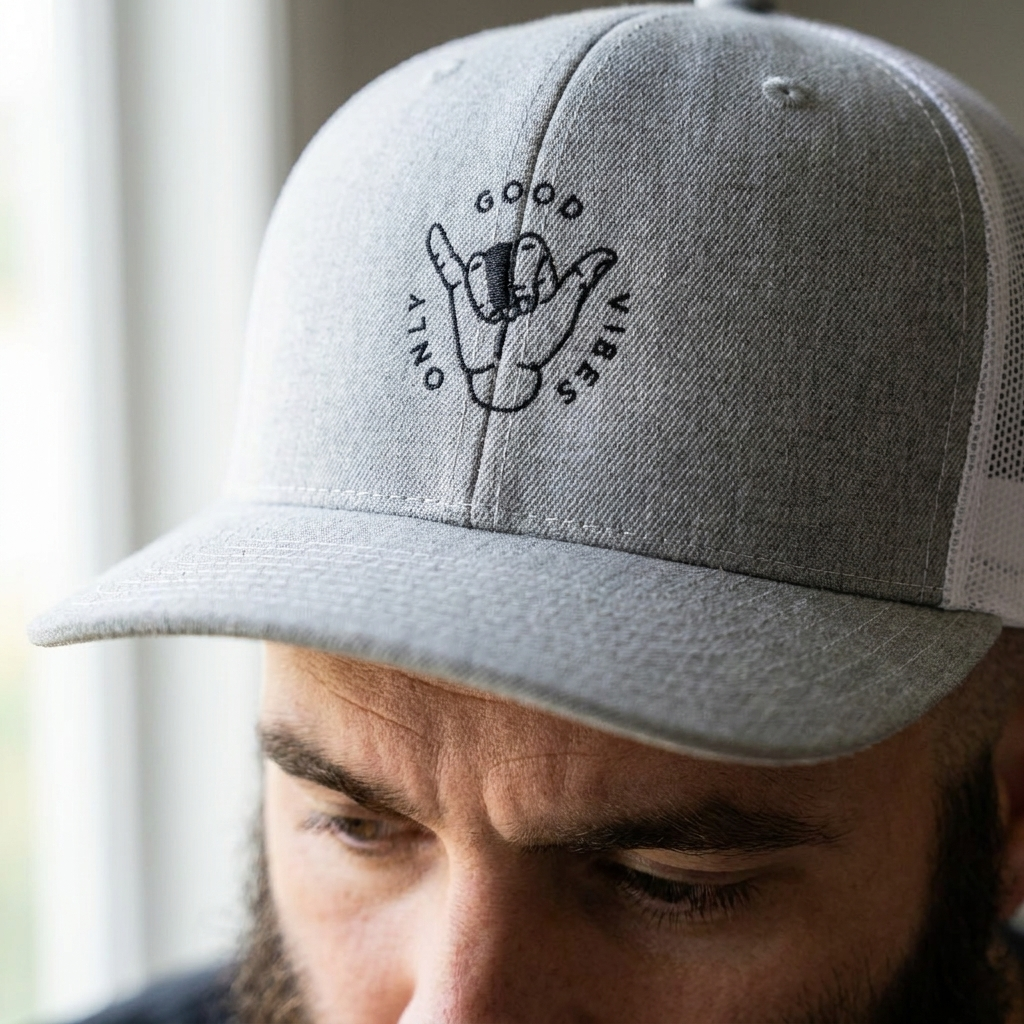 Gros plan de la broderie shaka Good Vibes Only sur la casquette trucker gris chiné portée