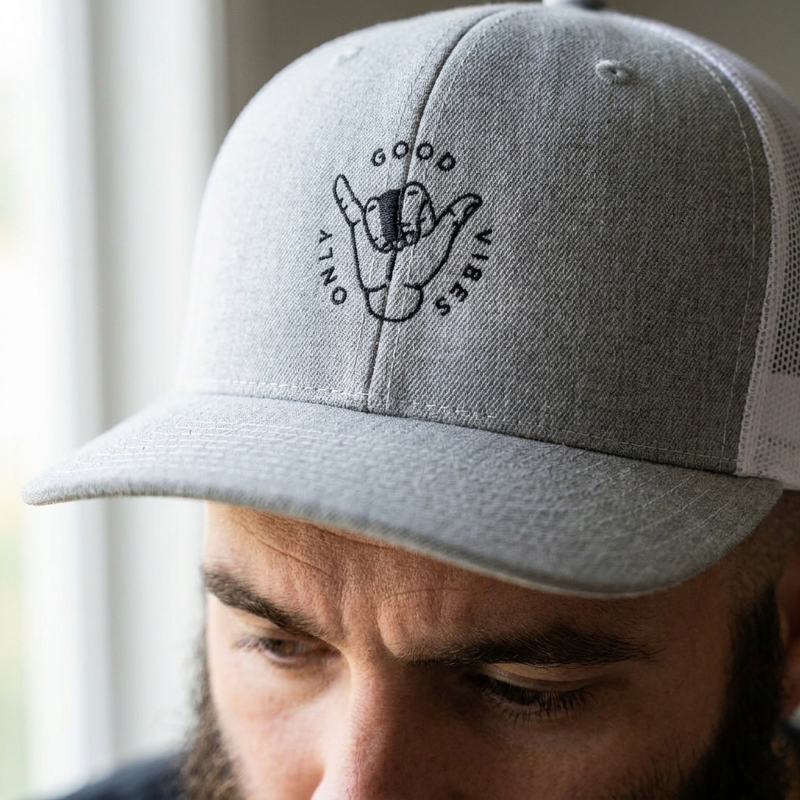 Gros plan de la broderie shaka Good Vibes Only sur la casquette trucker gris chiné portée