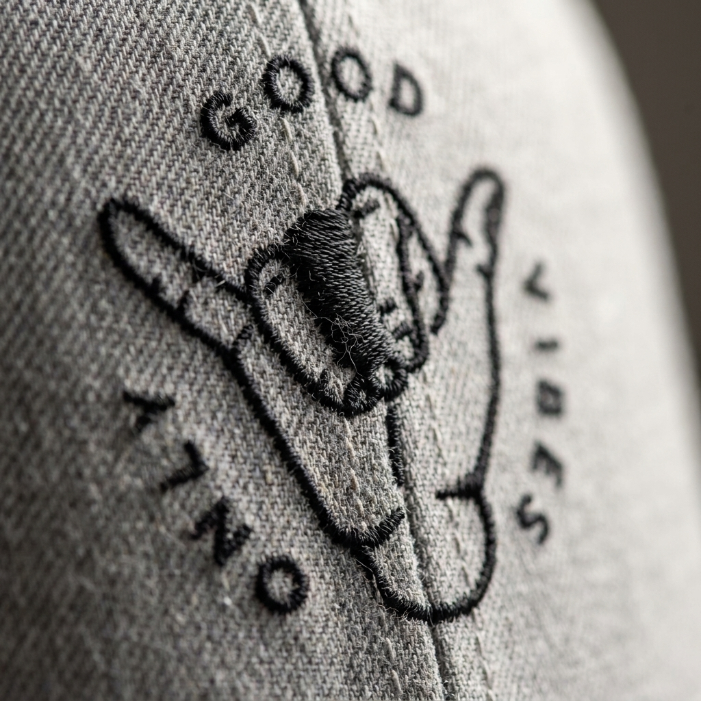 Macro de la broderie fil noir du shaka Good Vibes Only sur coton gris chiné