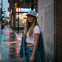 Femme en casquette shaka Good Vibes Only, ambiance streetwear urbaine de nuit