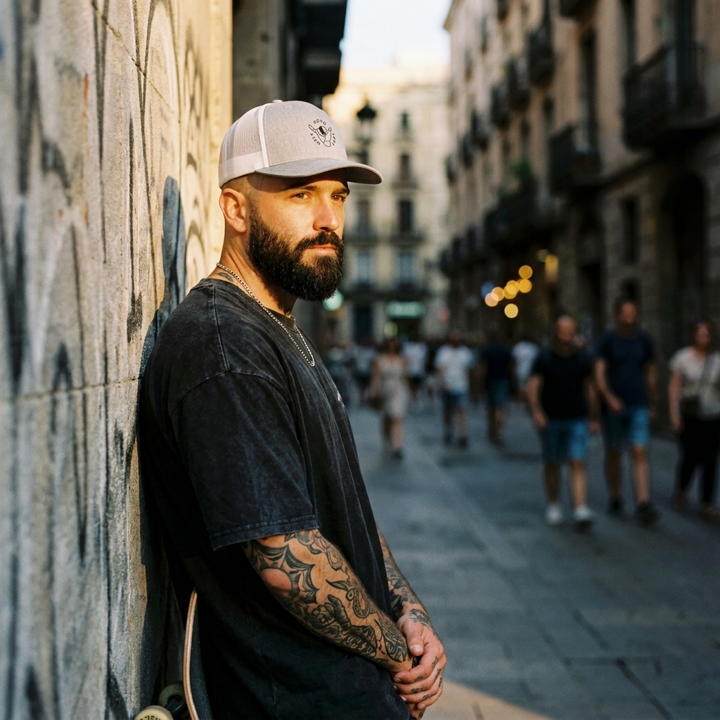 Homme en casquette Good Vibes Only dans une rue urbaine, look streetwear éditorial