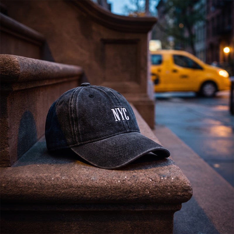 Casquette NYC denim noir délavé posée sur les marches d'un perron de brownstone à New York au crépuscule - CHT'M Boutique
