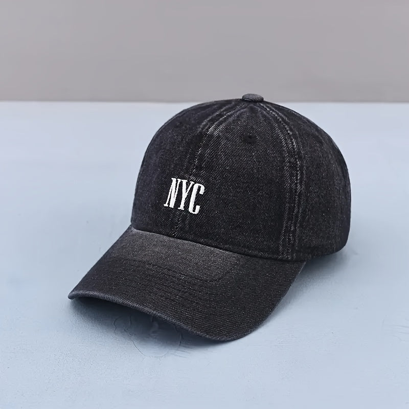 Casquette NYC en denim noir délavé, broderie blanche NYC, casquette baseball unisexe