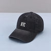 Casquette NYC en denim noir délavé, broderie blanche NYC, casquette baseball unisexe