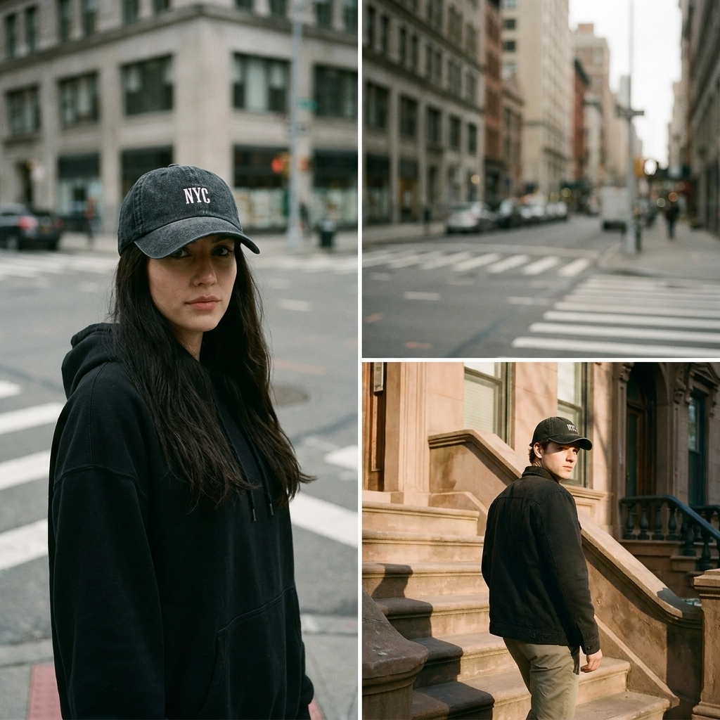 Casquette NYC en denim noir délavé portée par une femme et un homme, triptyque éditorial streetwear dans les rues de New York